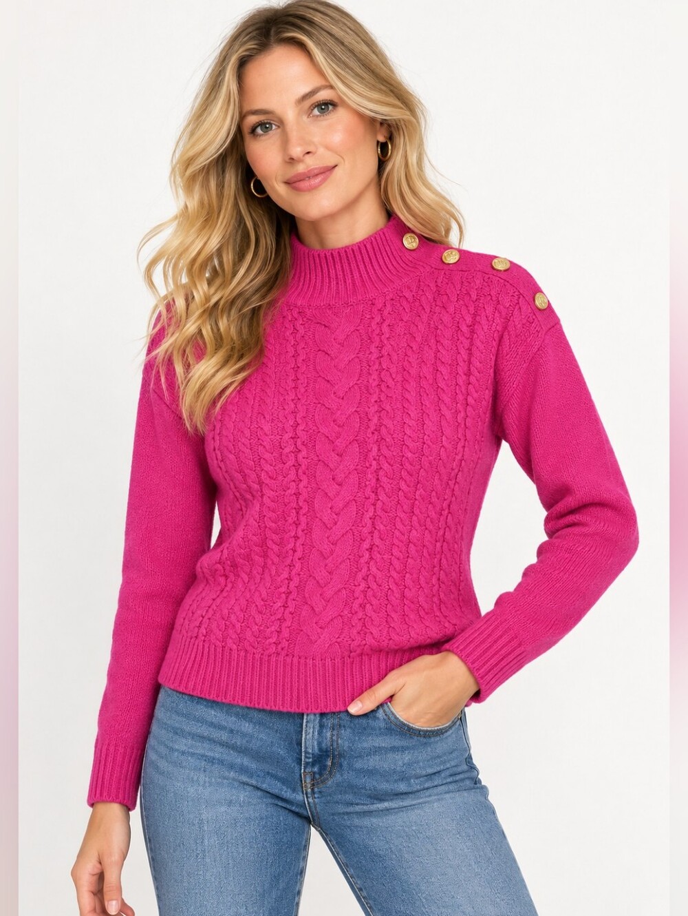 Draper James Hot Pink Cable Knit Mock Neck Button Sweater Women’s XS